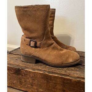 UGG Keppler Chestnut Brown Suede Moto Boots Sheep Wool Lined Heeled Sz 10 Boho